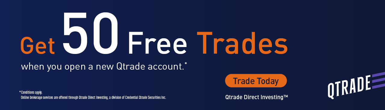 Image reads: Get 50 free trades when you open a new Qtrade account.* Conditions apply.